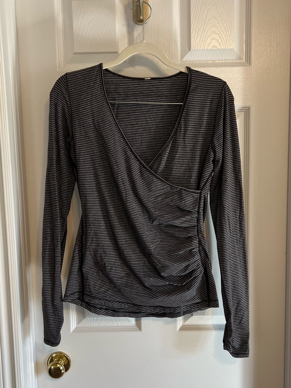 Lululemon Black and Gray Striped Wrap-Style Long Sleeve Top